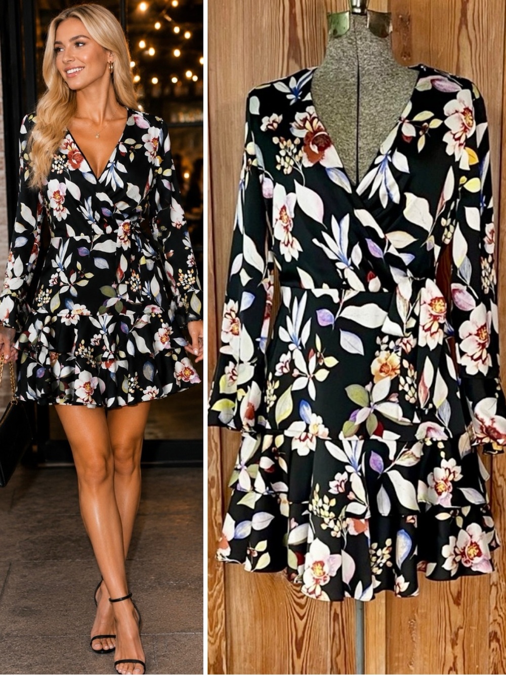 Bar III Black Floral Faux Wrap Tiered Ruffle Dress Size Small💚🍄